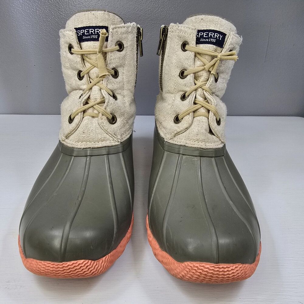 Sperry Saltwater Waterproof Duck Boots Womens Size 7 Rubber Mud Boots Green Tan